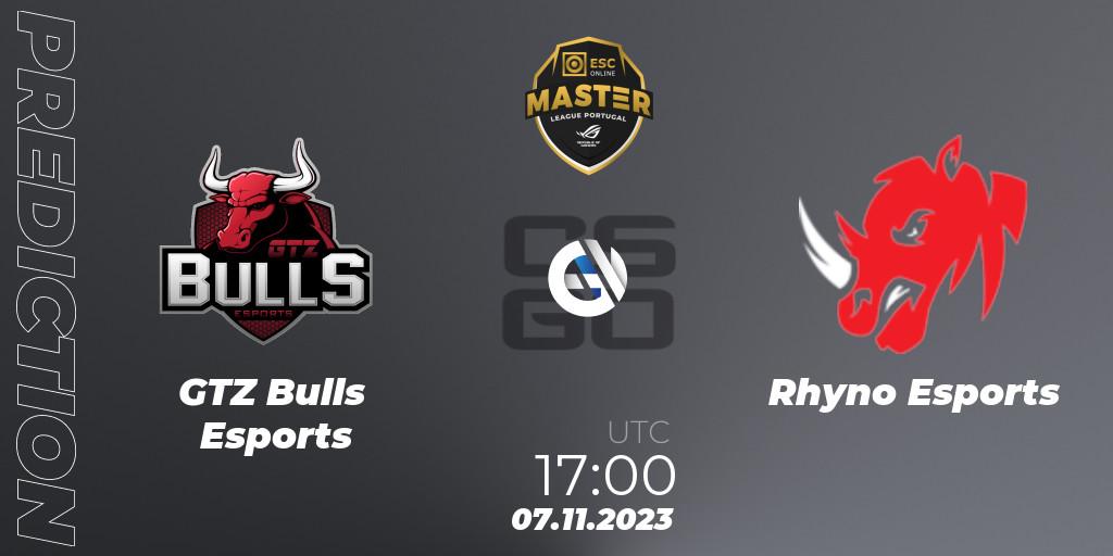 GTZ Bulls Esports vs Rhyno Esports: Match Prediction. 07.11.2023 at 17:00, Counter-Strike (CS2), Master League Portugal Season 12: Online Stage