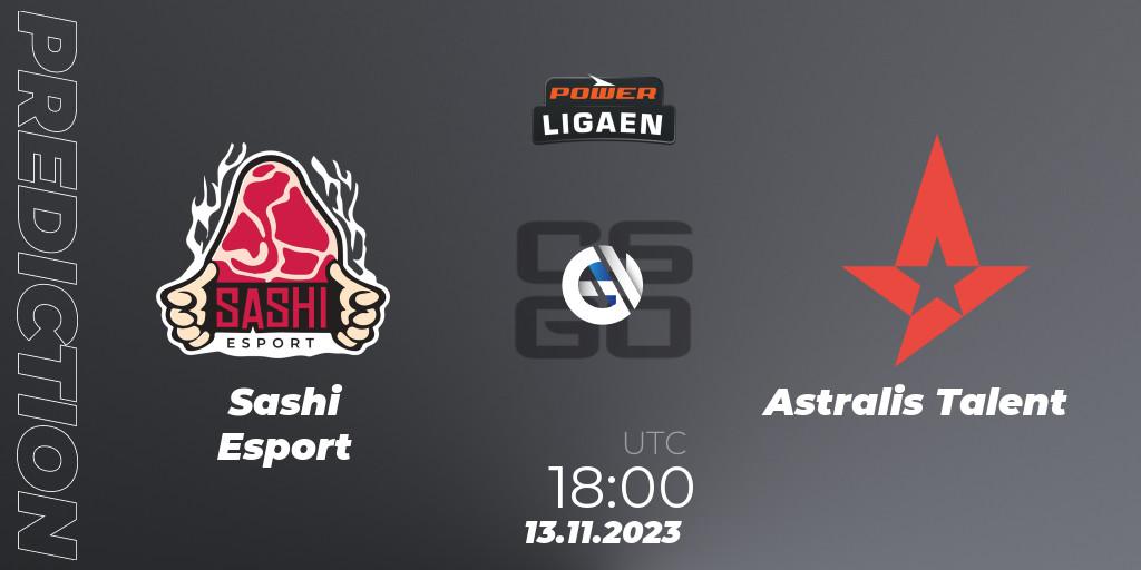  Sashi Esport vs Astralis Talent: Match Prediction. 13.11.2023 at 18:00, Counter-Strike (CS2), Dust2.dk Ligaen Season 24: Regular Season