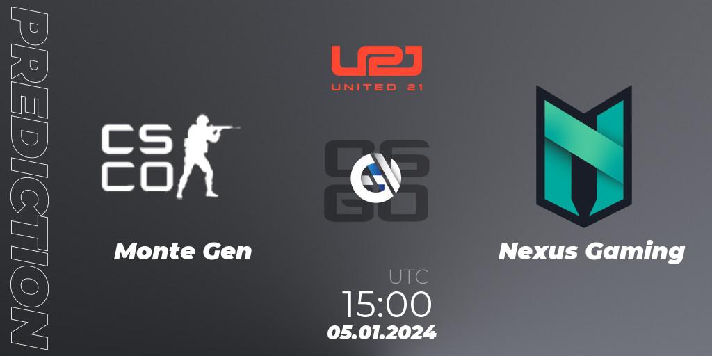 Monte Gen vs Nexus Gaming: Match Prediction. 05.01.2024 at 15:00, Counter-Strike (CS2), United21 Season 10