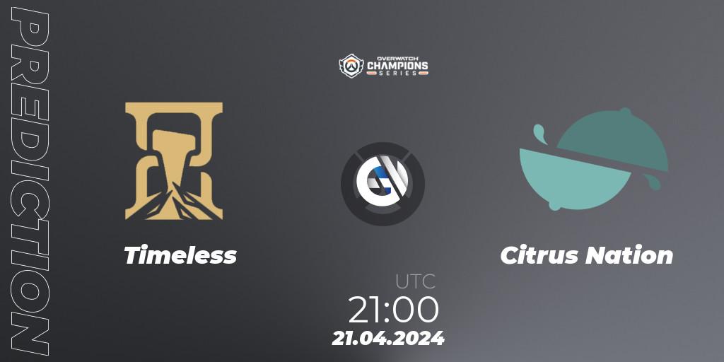 Timeless vs Citrus Nation: Match Prediction. 21.04.2024 at 21:00, Overwatch, Overwatch Champions Series 2024 - North America Stage 2 Group Stage