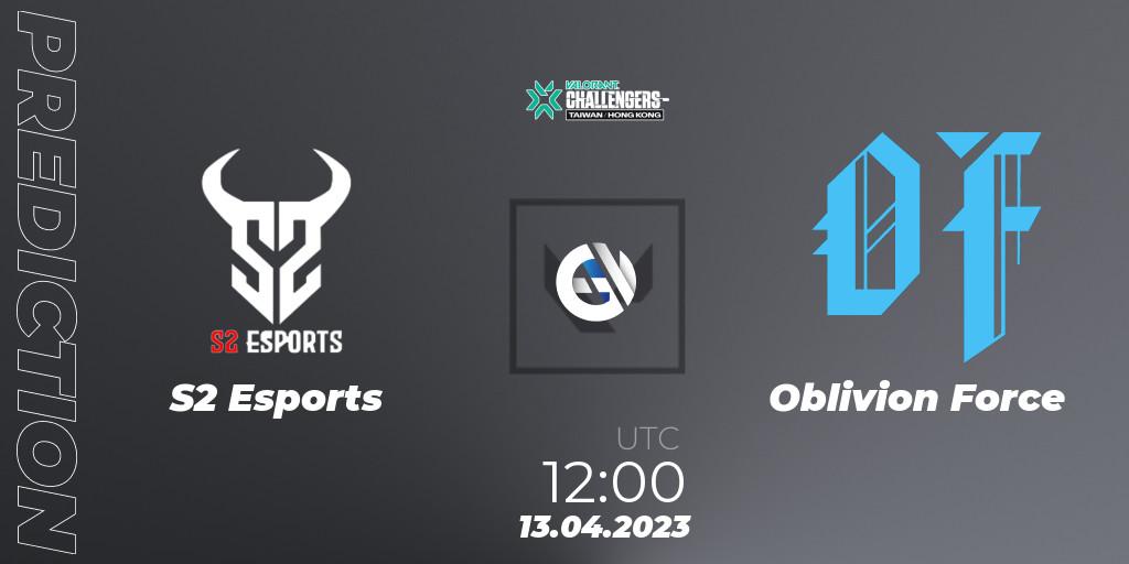 S2 Esports vs Oblivion Force: Match Prediction. 13.04.2023 at 12:00, VALORANT, VALORANT Challengers 2023: Hong Kong & Taiwan Split 2 - Group stage