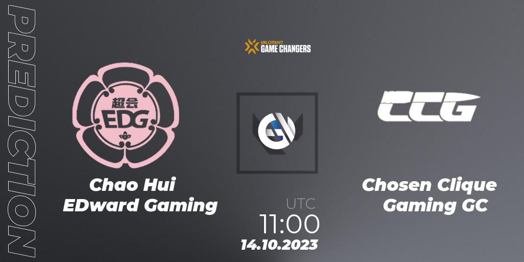 Chao Hui EDward Gaming vs Chosen Clique Gaming GC: Match Prediction. 14.10.2023 at 11:00, VALORANT, VALORANT Champions Tour 2023: Game Changers China Qualifier