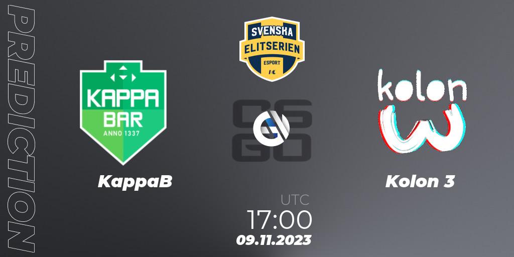 KappaB vs Kolon 3: Match Prediction. 09.11.2023 at 17:00, Counter-Strike (CS2), Svenska Elitserien Fall 2023: Online Stage