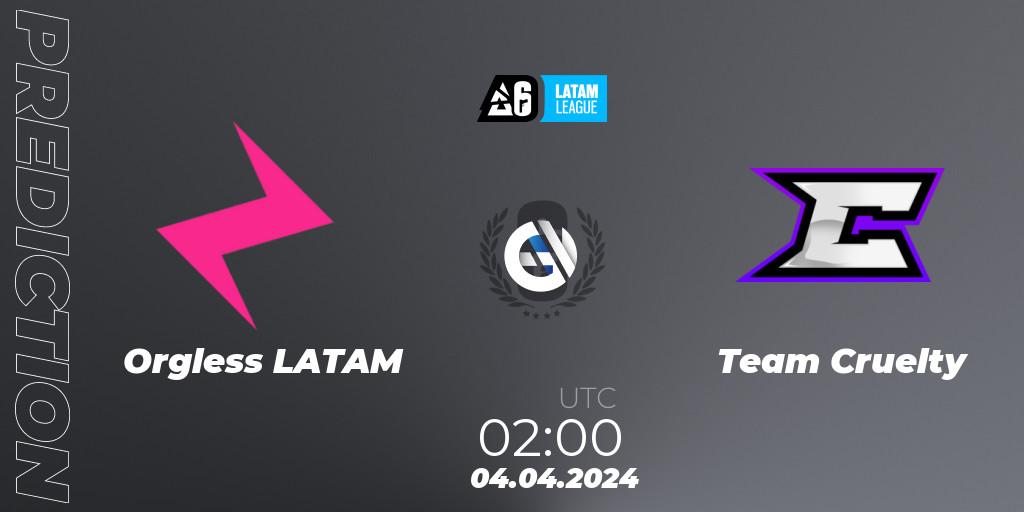 Orgless LATAM vs Team Cruelty: Match Prediction. 04.04.2024 at 02:00, Rainbow Six, LATAM League 2024 - Stage 1: LATAM North