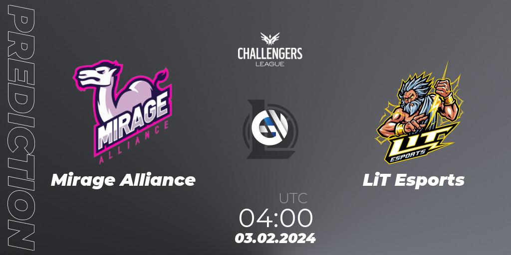 Mirage Alliance vs LiT Esports: Match Prediction. 03.02.2024 at 04:00, LoL, NACL 2024 Spring - Group Stage