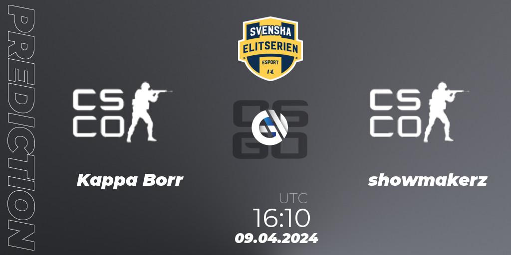 Kappa Borr vs showmakerz: Match Prediction. 09.04.2024 at 16:10, Counter-Strike (CS2), Svenska Elitserien Spring 2024