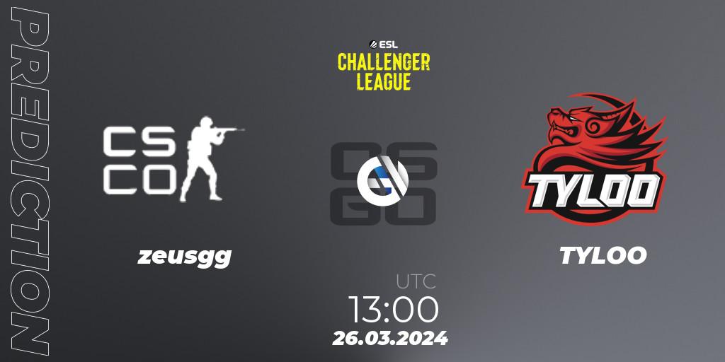 zeusgg vs TYLOO: Match Prediction. 26.03.24, CS2 (CS:GO), ESL Challenger League Season 47: Asia