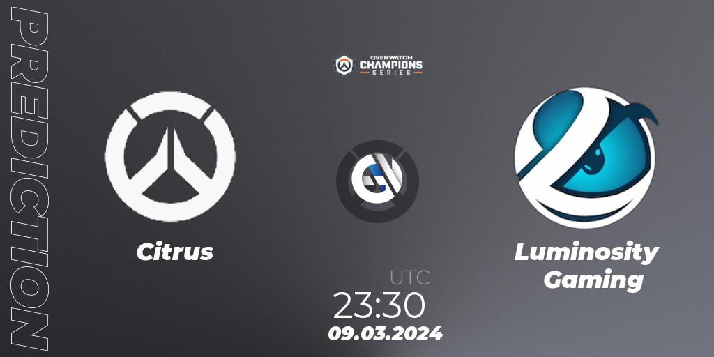 Citrus Nation vs Luminosity Gaming: Match Prediction. 09.03.2024 at 23:30, Overwatch, Overwatch Champions Series 2024 - North America Stage 1 Group Stage
