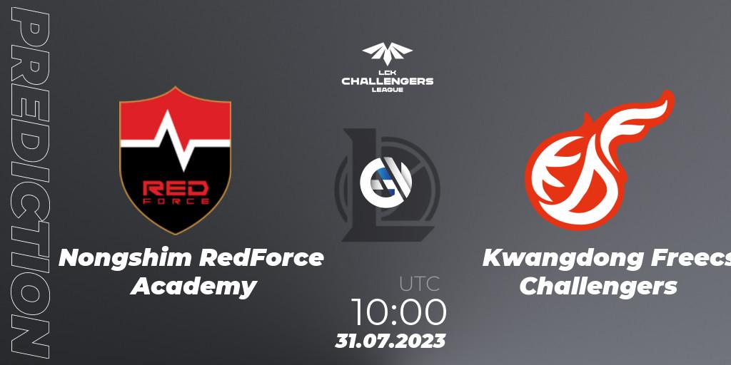Nongshim RedForce Academy vs Kwangdong Freecs Challengers: Match Prediction. 31.07.2023 at 10:30, LoL, LCK Challengers League 2023 Summer - Group Stage