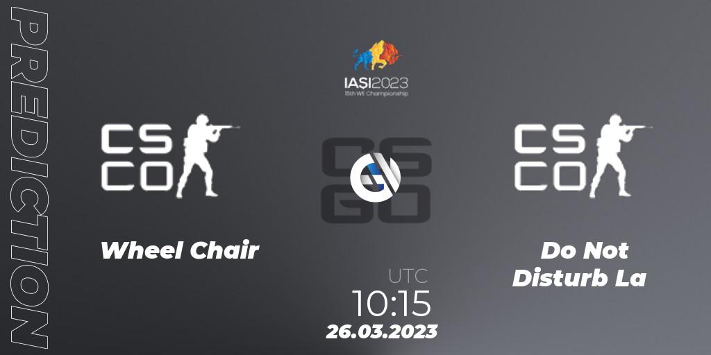 Wheel Chair Gaming vs Do Not Disturb La: Match Prediction. 26.03.2023 at 11:50, Counter-Strike (CS2), IESF World Esports Championship 2023: Hong Kong Qualifier