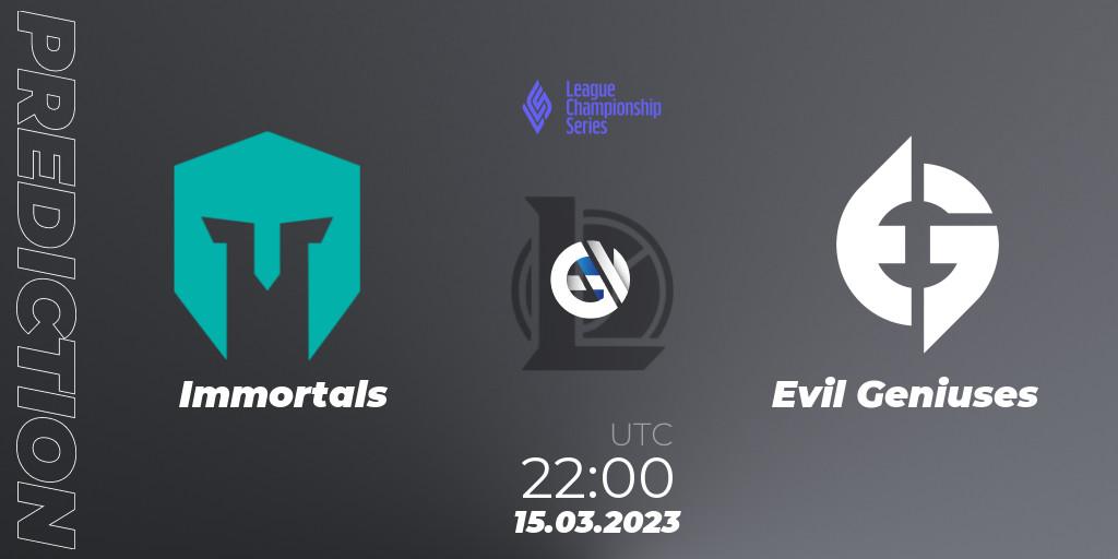 Immortals vs Evil Geniuses: Match Prediction. 17.02.2023 at 23:00, LoL, LCS Spring 2023 - Group Stage