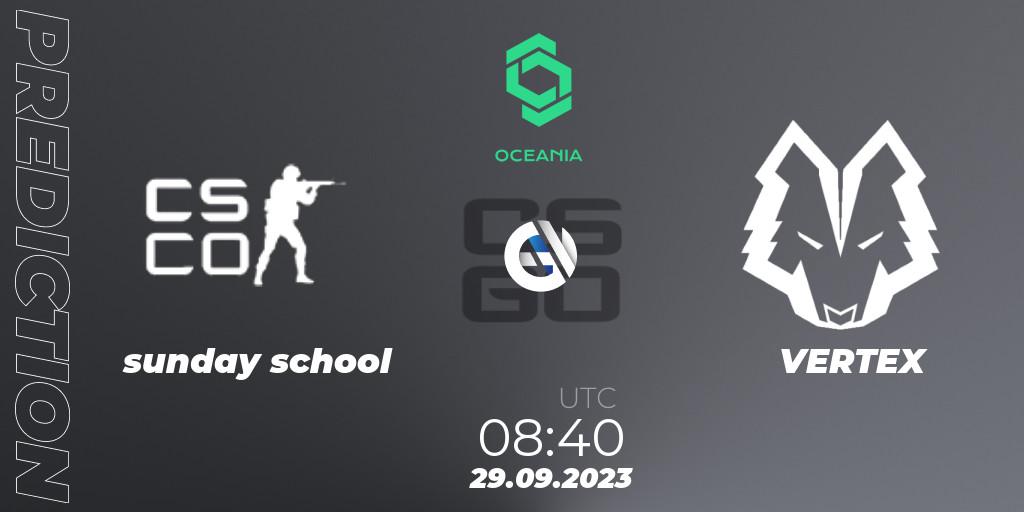 sunday school vs VERTEX: Match Prediction. 29.09.2023 at 08:40, Counter-Strike (CS2), CCT Oceania Series #2