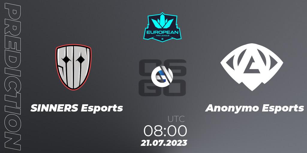 SINNERS Esports vs Anonymo Esports: Match Prediction. 21.07.2023 at 08:00, Counter-Strike (CS2), European Pro League Season 9