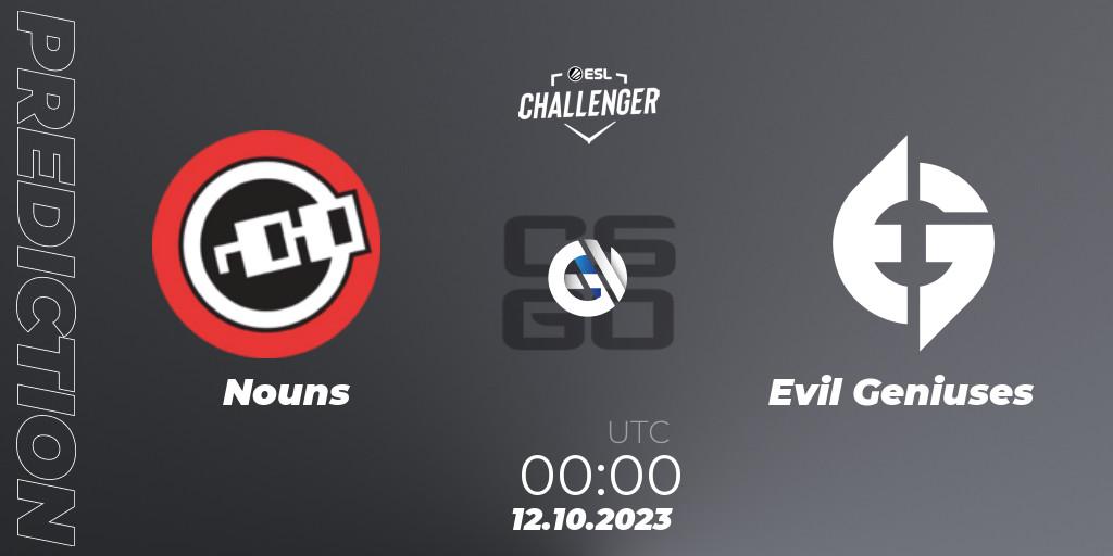 Nouns vs Evil Geniuses: Match Prediction. 12.10.2023 at 00:00, Counter-Strike (CS2), ESL Challenger at DreamHack Winter 2023: North American Qualifier