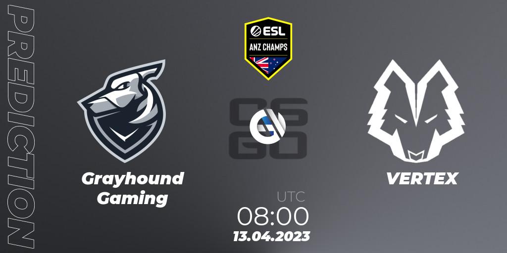 Grayhound Gaming vs VERTEX: Match Prediction. 13.04.2023 at 08:00, Counter-Strike (CS2), ESL ANZ Champs Season 16