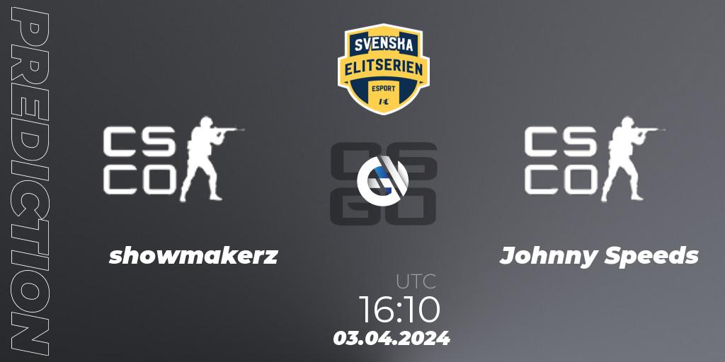 showmakerz vs Johnny Speeds: Match Prediction. 03.04.2024 at 16:10, Counter-Strike (CS2), Svenska Elitserien Spring 2024