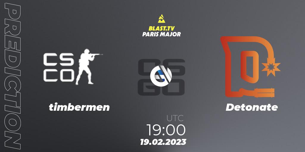 timbermen vs Detonate: Match Prediction. 19.02.2023 at 19:00, Counter-Strike (CS2), BLAST.tv Paris Major 2023 North America RMR Closed Qualifier