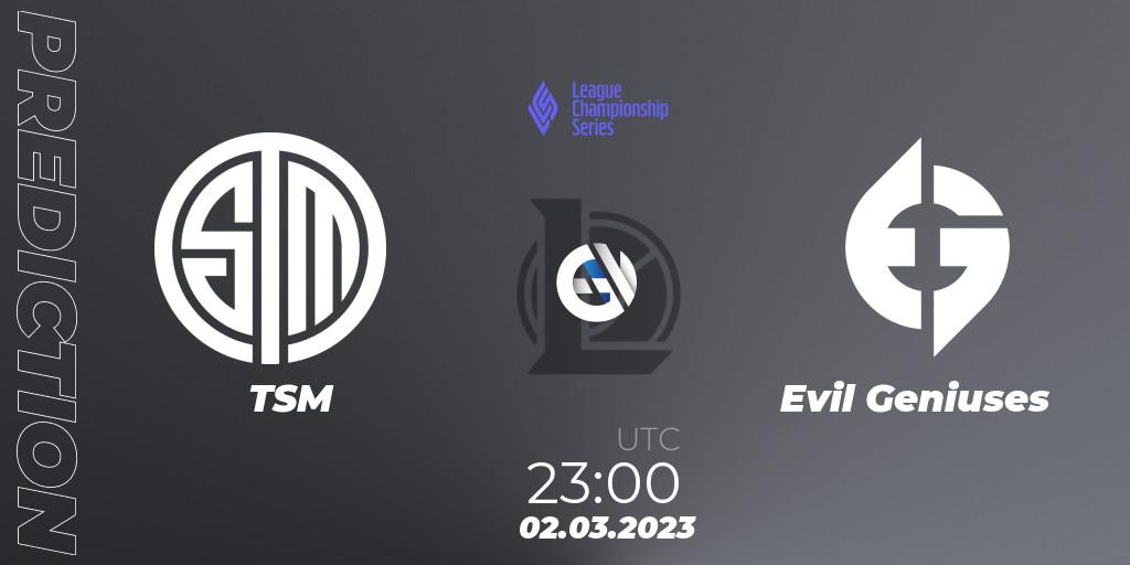TSM vs Evil Geniuses: Match Prediction. 02.03.2023 at 23:00, LoL, LCS Spring 2023 - Group Stage