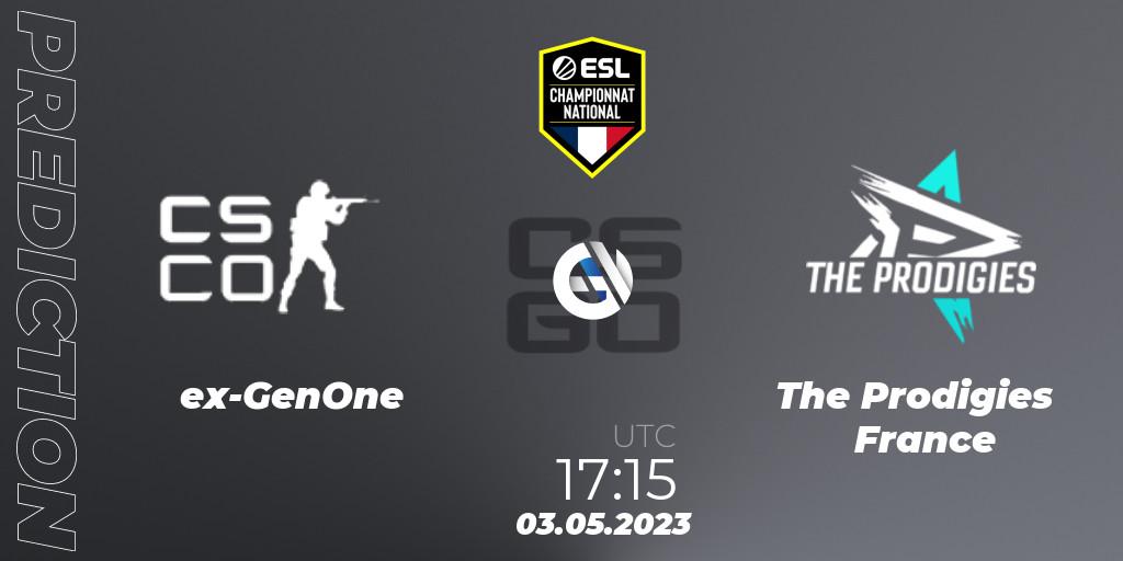 ex-GenOne vs The Prodigies France: Match Prediction. 04.05.2023 at 18:00, Counter-Strike (CS2), ESL Championnat National Spring 2023