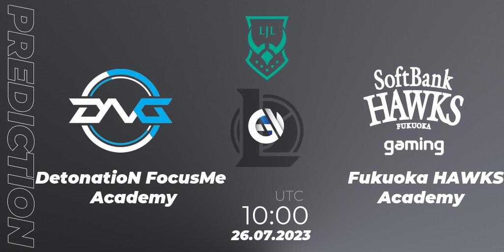 DetonatioN FocusMe Academy vs Fukuoka HAWKS Academy: Match Prediction. 26.07.23, LoL, LJL Academy 2023 - Group Stage