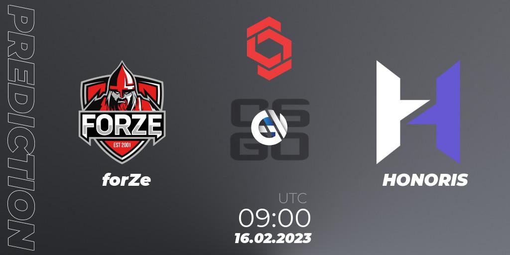 forZe vs HONORIS: Match Prediction. 16.02.2023 at 09:00, Counter-Strike (CS2), CCT Central Europe Series Finals #1