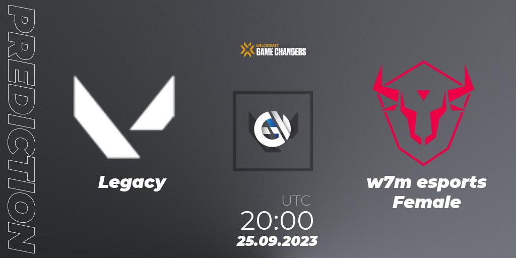 Legacy vs w7m esports Female: Match Prediction. 25.09.2023 at 20:20, VALORANT, VCT 2023: Game Changers Brazil Series 2