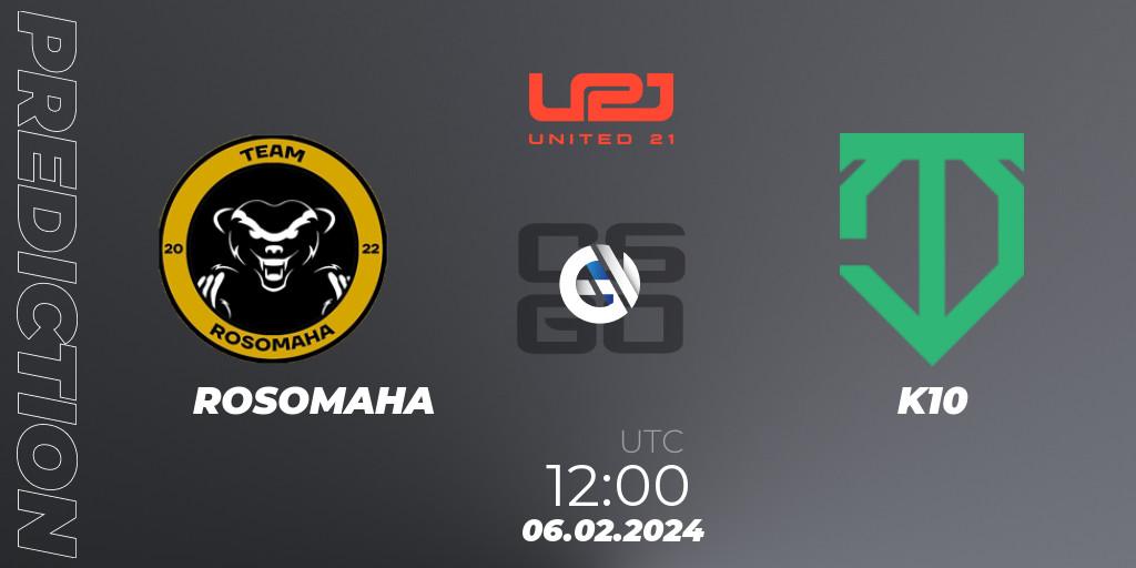 ROSOMAHA vs K10: Match Prediction. 06.02.2024 at 12:00, Counter-Strike (CS2), United21 Season 11