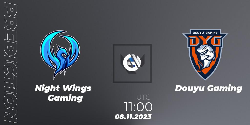 Night Wings Gaming vs Douyu Gaming: Match Prediction. 08.11.2023 at 11:15, VALORANT, VALORANT China Evolution Series Act 3: Heritability - Play-In