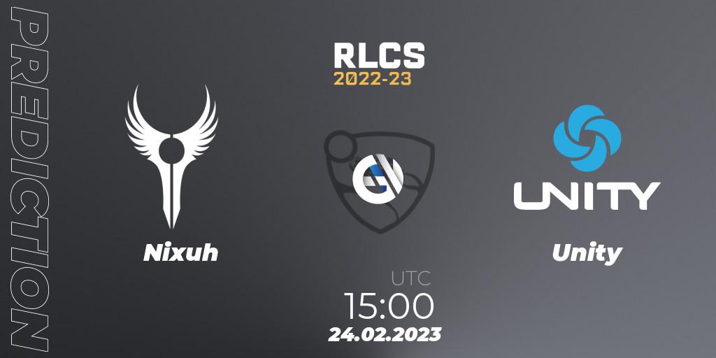 Nixuh vs Unity: Match Prediction. 24.02.2023 at 15:00, Rocket League, RLCS 2022-23 - Winter: Sub-Saharan Africa Regional 3 - Winter Invitational