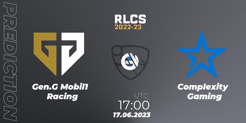 Gen.G Mobil1 Racing vs Complexity Gaming: Match Prediction. 17.06.2023 at 17:00, Rocket League, RLCS 2022-23 - Spring: North America Regional 3 - Spring Invitational