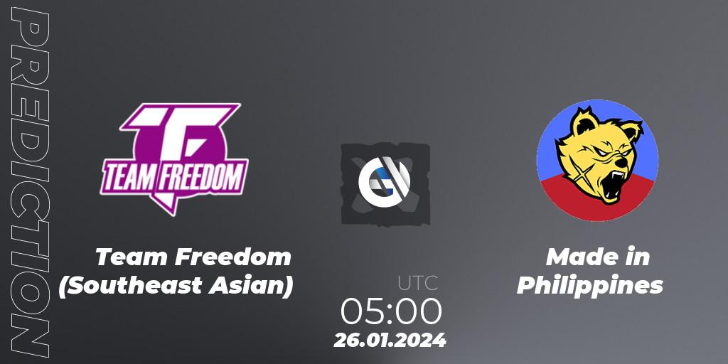 Team Freedom (Southeast Asian) vs Made in Philippines: Match Prediction. 28.01.2024 at 06:59, Dota 2, New Year Cup 2024