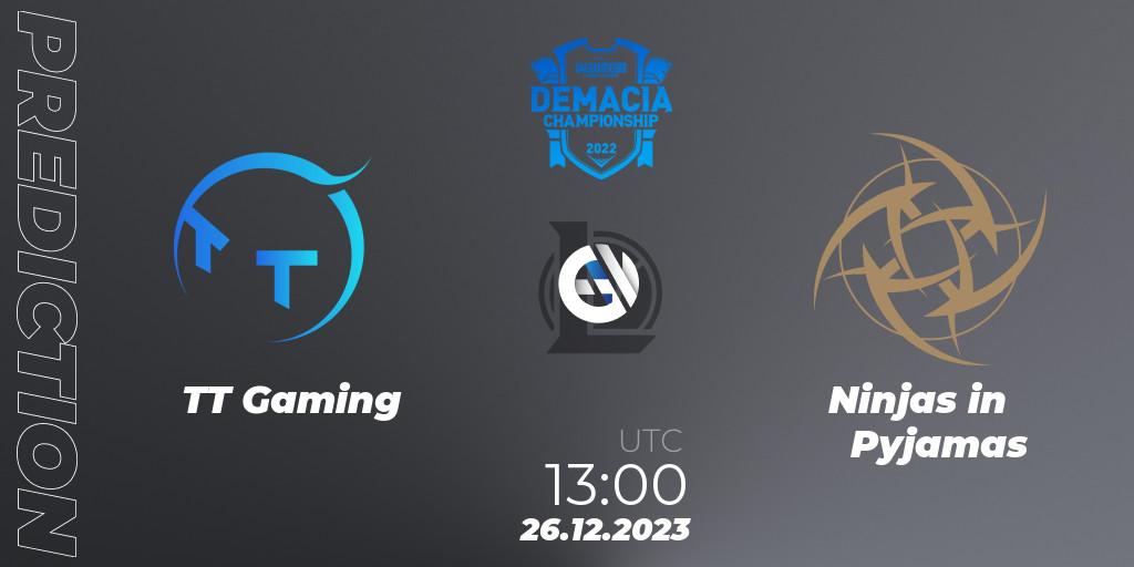 TT Gaming vs Ninjas in Pyjamas: Match Prediction. 26.12.2023 at 13:00, LoL, Demacia Cup 2023 Group Stage