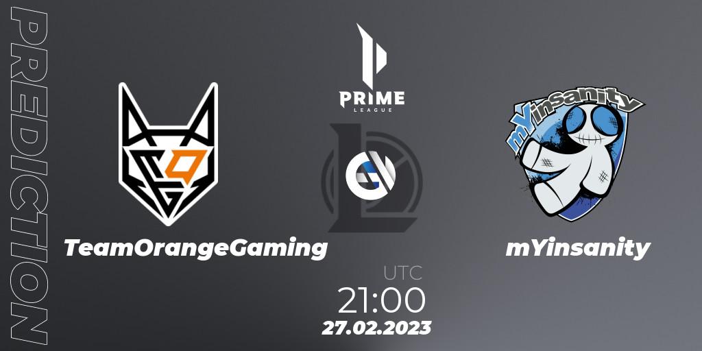 TeamOrangeGaming vs mYinsanity: Match Prediction. 27.02.2023 at 21:00, LoL, Prime League 2nd Division Spring 2023 - Group Stage
