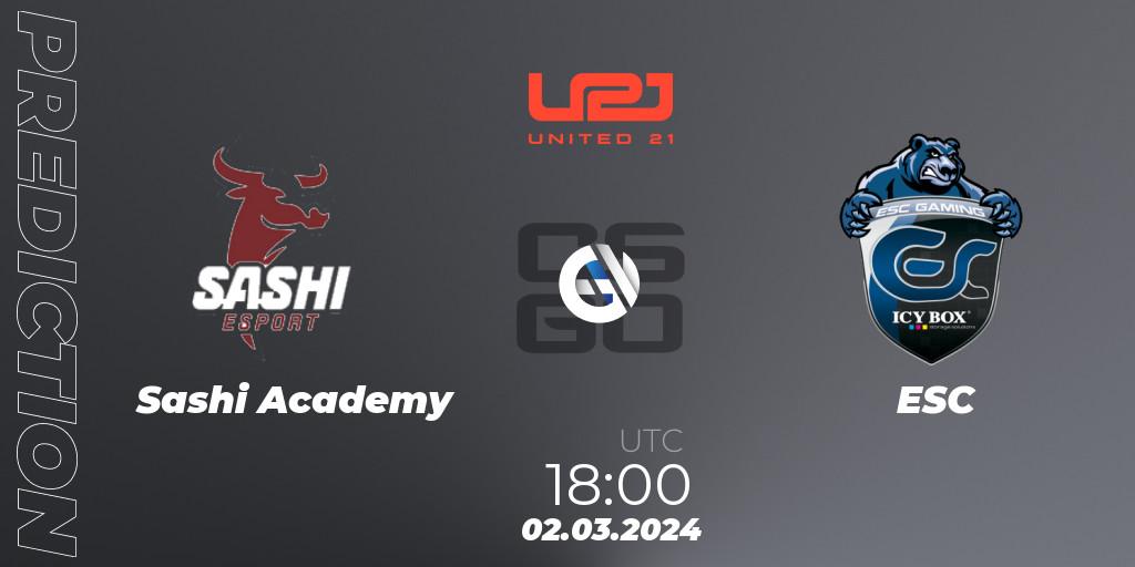 Sashi Academy vs ESC: Match Prediction. 02.03.2024 at 18:00, Counter-Strike (CS2), United21 Season 11: Division 2