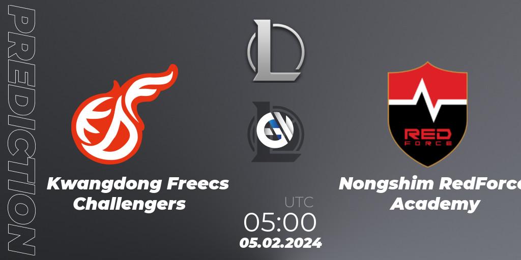 Kwangdong Freecs Challengers vs Nongshim RedForce Academy: Match Prediction. 05.02.2024 at 05:00, LoL, LCK Challengers League 2024 Spring - Group Stage