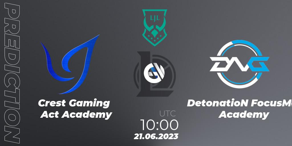 Crest Gaming Act Academy vs DetonatioN FocusMe Academy: Match Prediction. 21.06.2023 at 10:15, LoL, LJL Academy 2023 - Group Stage