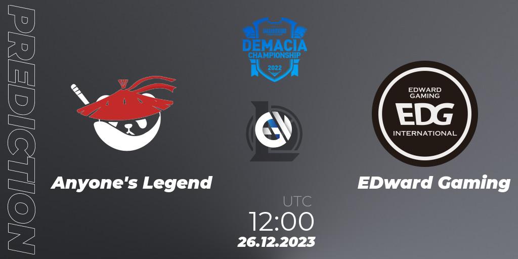 Anyone's Legend vs EDward Gaming: Match Prediction. 26.12.2023 at 12:00, LoL, Demacia Cup 2023 Group Stage