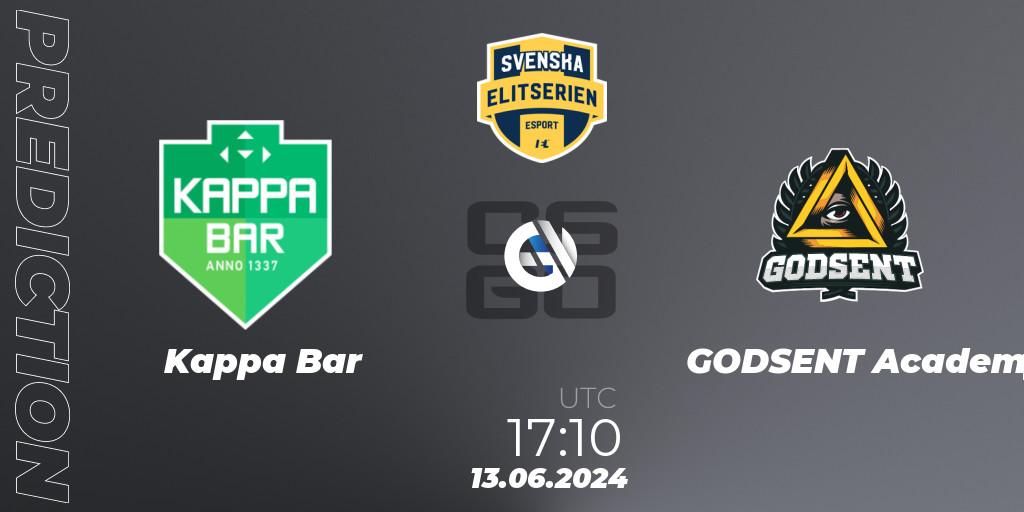 Kappa Bar vs GODSENT Academy: Match Prediction. 13.06.2024 at 17:10, Counter-Strike (CS2), Svenska Elitserien Spring 2024