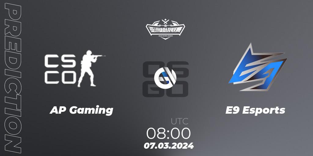 AP Gaming vs E9 Esports: Match Prediction. 07.03.2024 at 08:30, Counter-Strike (CS2), Asian Super League Season 2