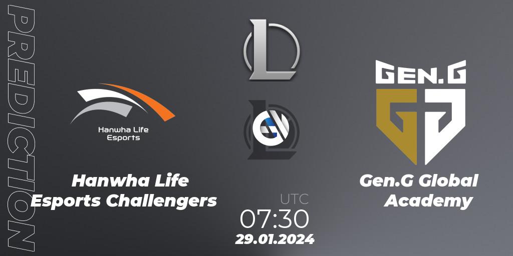 Hanwha Life Esports Challengers vs Gen.G Global Academy: Match Prediction. 29.01.2024 at 07:30, LoL, LCK Challengers League 2024 Spring - Group Stage