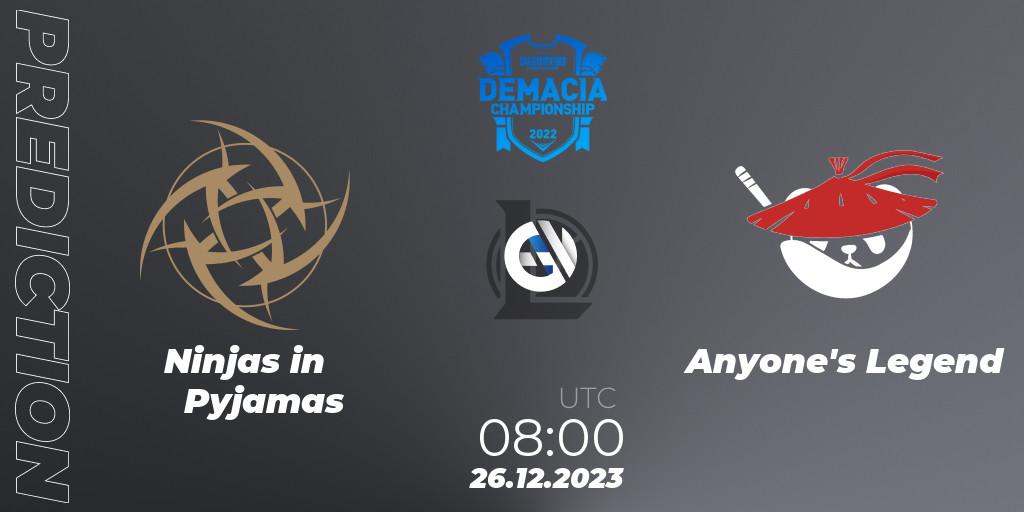 Ninjas in Pyjamas vs Anyone's Legend: Match Prediction. 26.12.2023 at 08:00, LoL, Demacia Cup 2023 Group Stage
