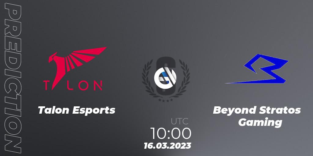 Talon Esports vs Beyond Stratos Gaming: Match Prediction. 16.03.2023 at 10:00, Rainbow Six, South Korea League 2023 - Stage 1