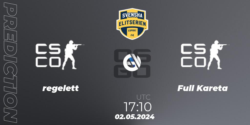 regelett vs Full Kareta: Match Prediction. 02.05.2024 at 17:10, Counter-Strike (CS2), Svenska Elitserien Spring 2024