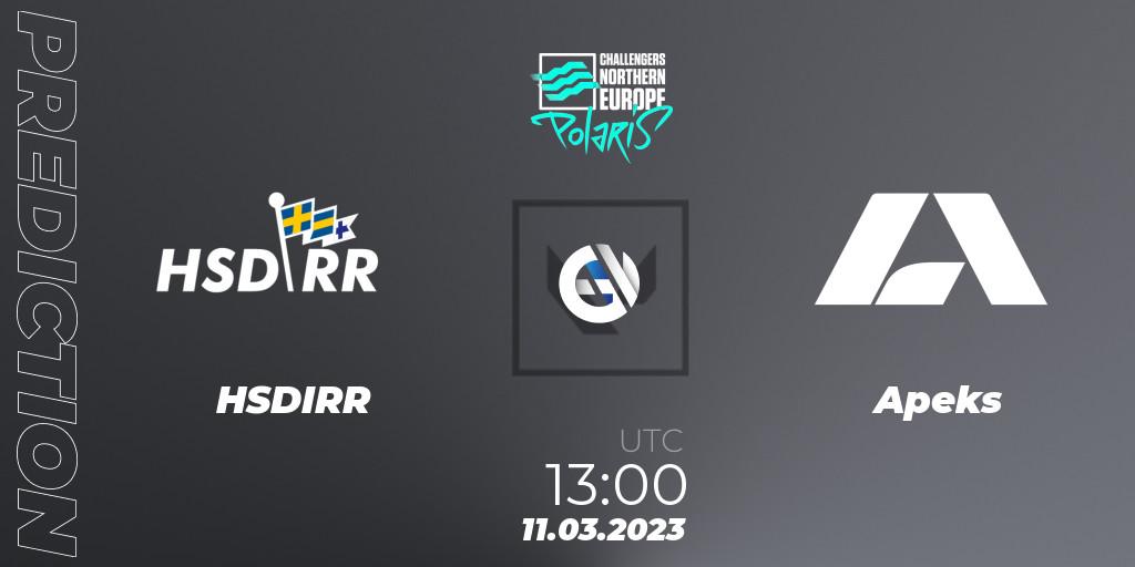 HSDIRR vs Apeks: Match Prediction. 11.03.2023 at 15:40, VALORANT, VALORANT Challengers 2023 Northern Europe: Polaris Split 1