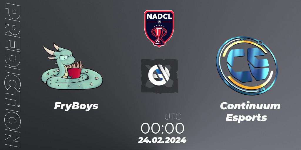 FryBoys vs Continuum Esports: Match Prediction. 24.02.2024 at 00:00, Dota 2, North American Dota Challengers League Season 6 Division 1