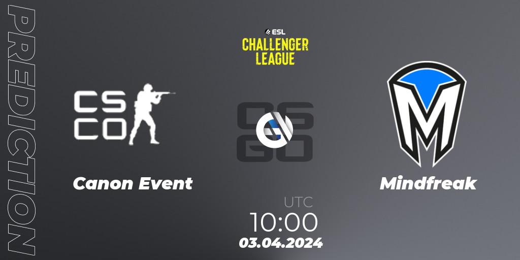Canon Event vs Mindfreak: Match Prediction. 03.04.2024 at 10:00, Counter-Strike (CS2), ESL Challenger League Season 47: Oceania
