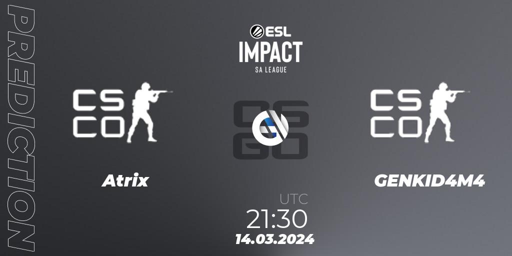 Atrix vs GENKID4M4: Match Prediction. 14.03.2024 at 21:30, Counter-Strike (CS2), ESL Impact League Season 5: South America