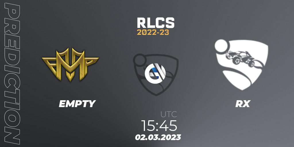 EMPTY vs RX: Match Prediction. 02.03.2023 at 15:45, Rocket League, RLCS 2022-23 - Winter: Middle East and North Africa Regional 3 - Winter Invitational
