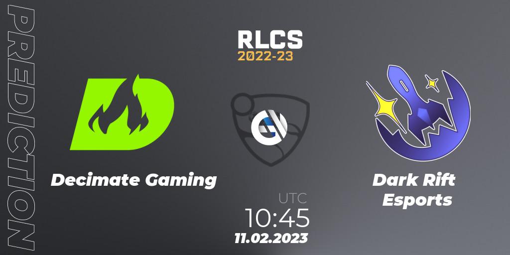 Decimate Gaming vs Dark Rift Esports: Match Prediction. 11.02.2023 at 10:45, Rocket League, RLCS 2022-23 - Winter: Asia-Pacific Regional 2 - Winter Cup