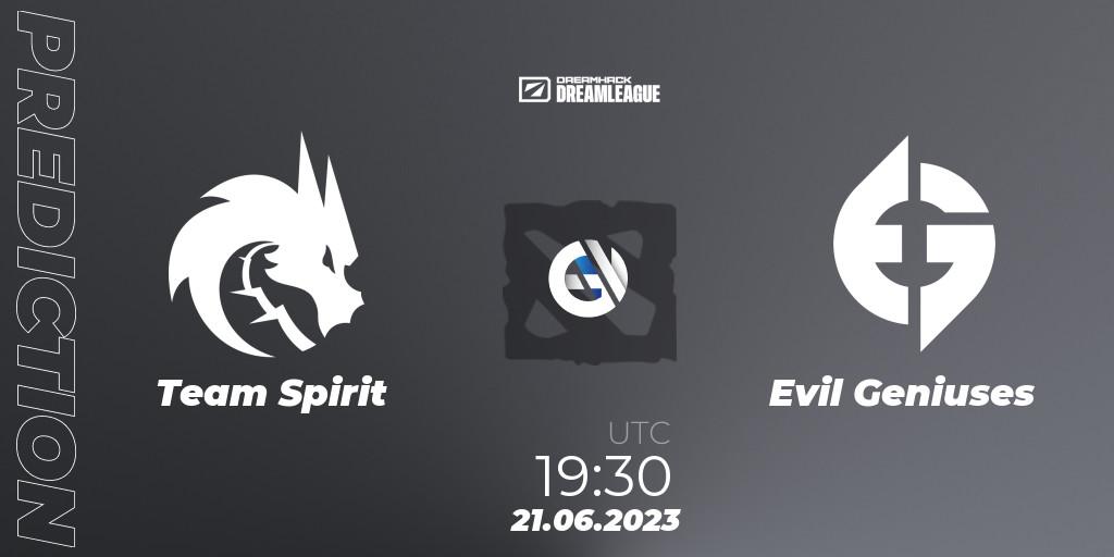 Team Spirit vs Evil Geniuses: Match Prediction. 21.06.2023 at 20:06, Dota 2, DreamLeague Season 20 - Group Stage 2